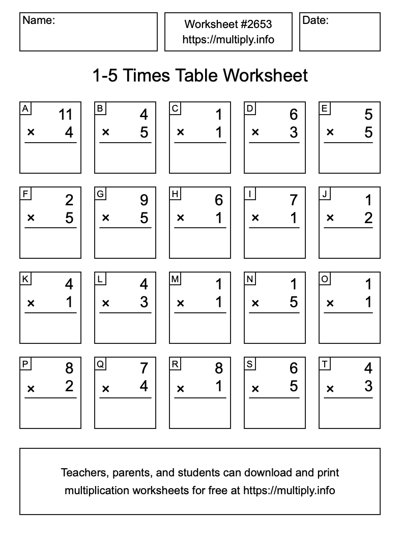 1 to 5 Times Table Worksheet #2653