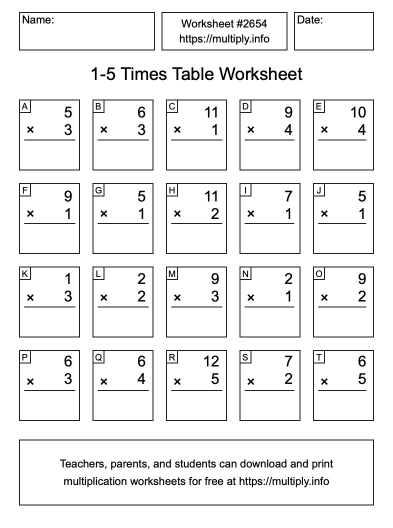 1 to 5 Times Table Worksheet #2654