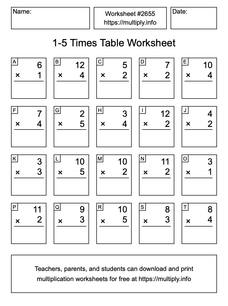 1 to 5 Times Table Worksheet #2655