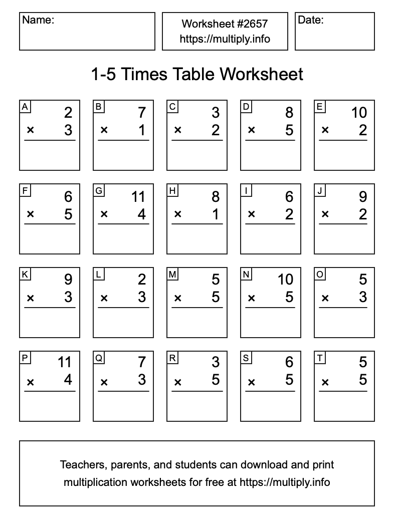 1 to 5 Times Table Worksheet #2657
