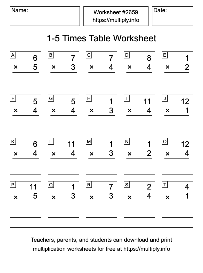 1 to 5 Times Table Worksheet #2659