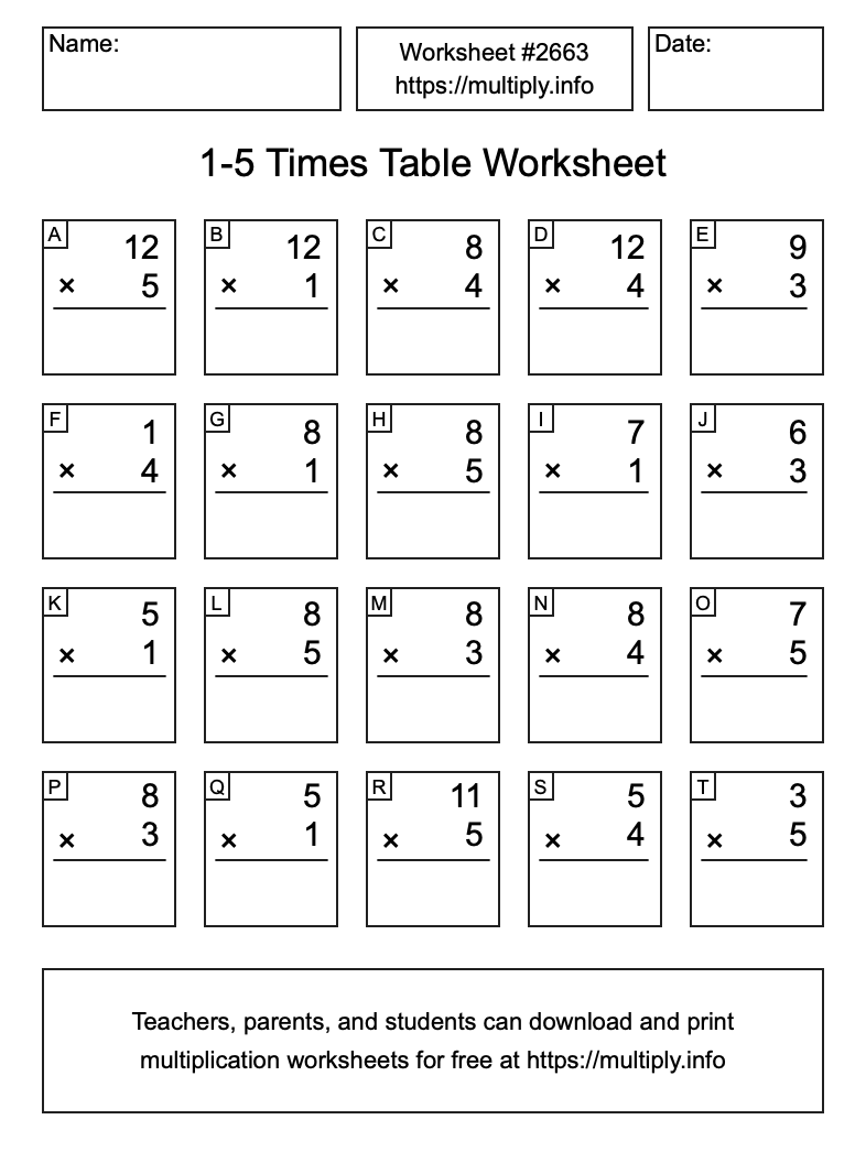 1 to 5 Times Table Worksheet #2663