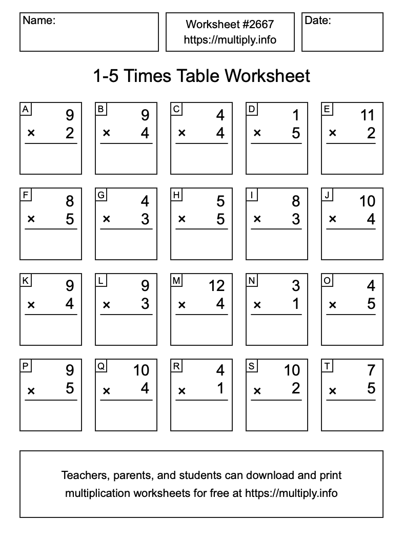 1 to 5 Times Table Worksheet #2667
