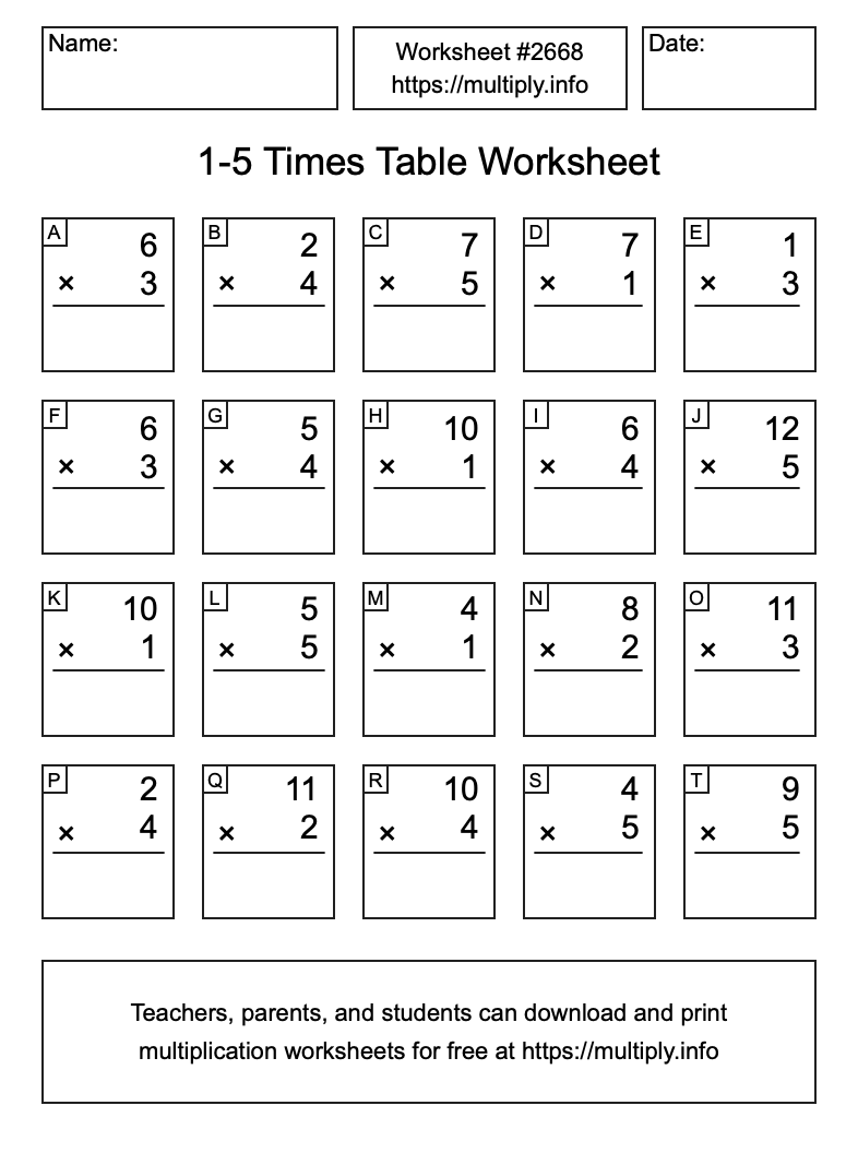 1 to 5 Times Table Worksheet #2668