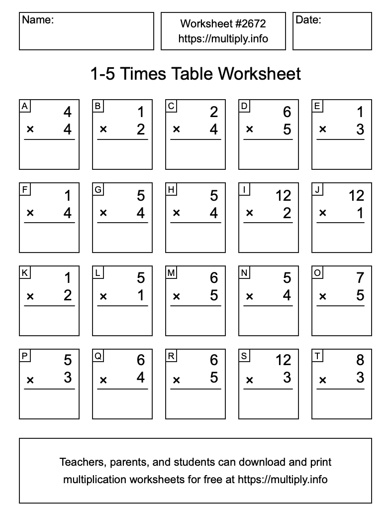 1 to 5 Times Table Worksheet #2672