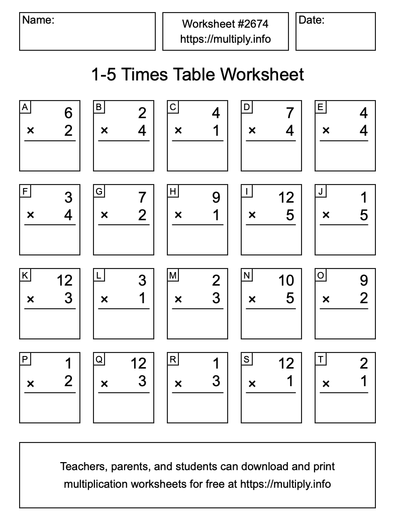 1 to 5 Times Table Worksheet #2674