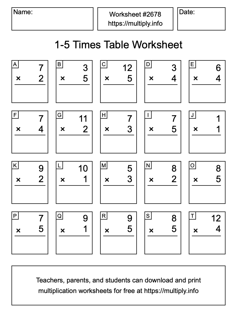 1 to 5 Times Table Worksheet #2678