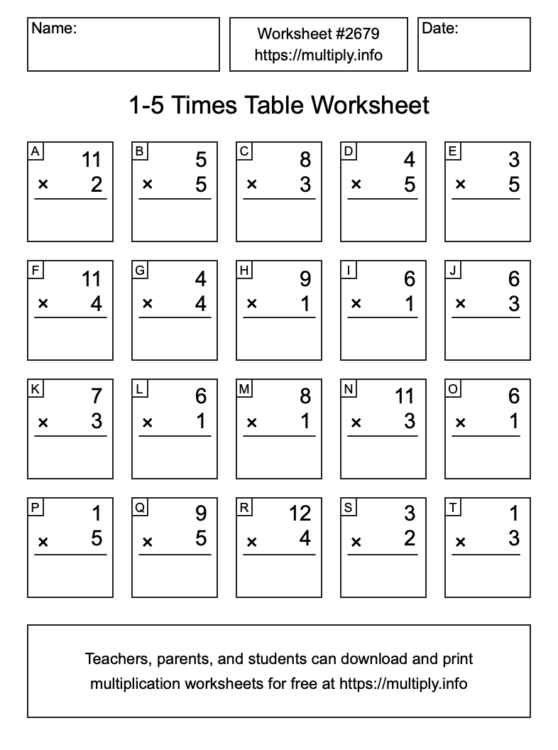 1 to 5 Times Table Worksheet #2679