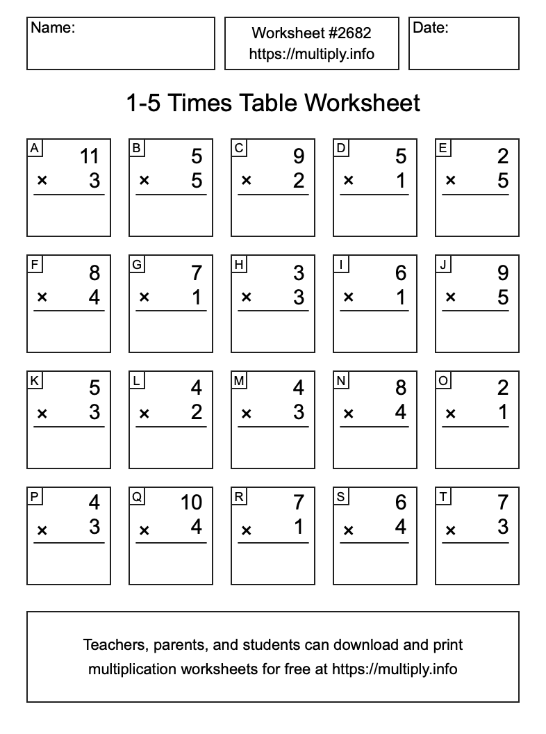 1 to 5 Times Table Worksheet #2682