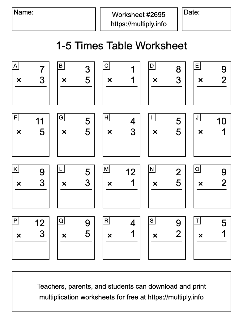 1 to 5 Times Table Worksheet #2695