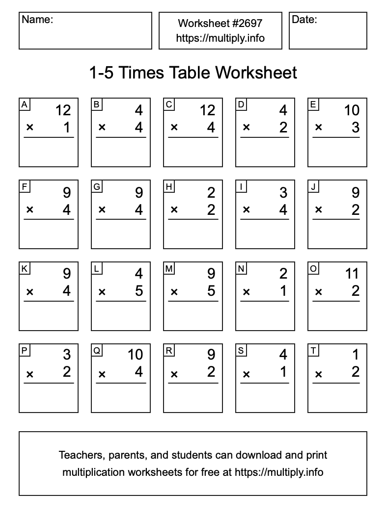 1 to 5 Times Table Worksheet #2697