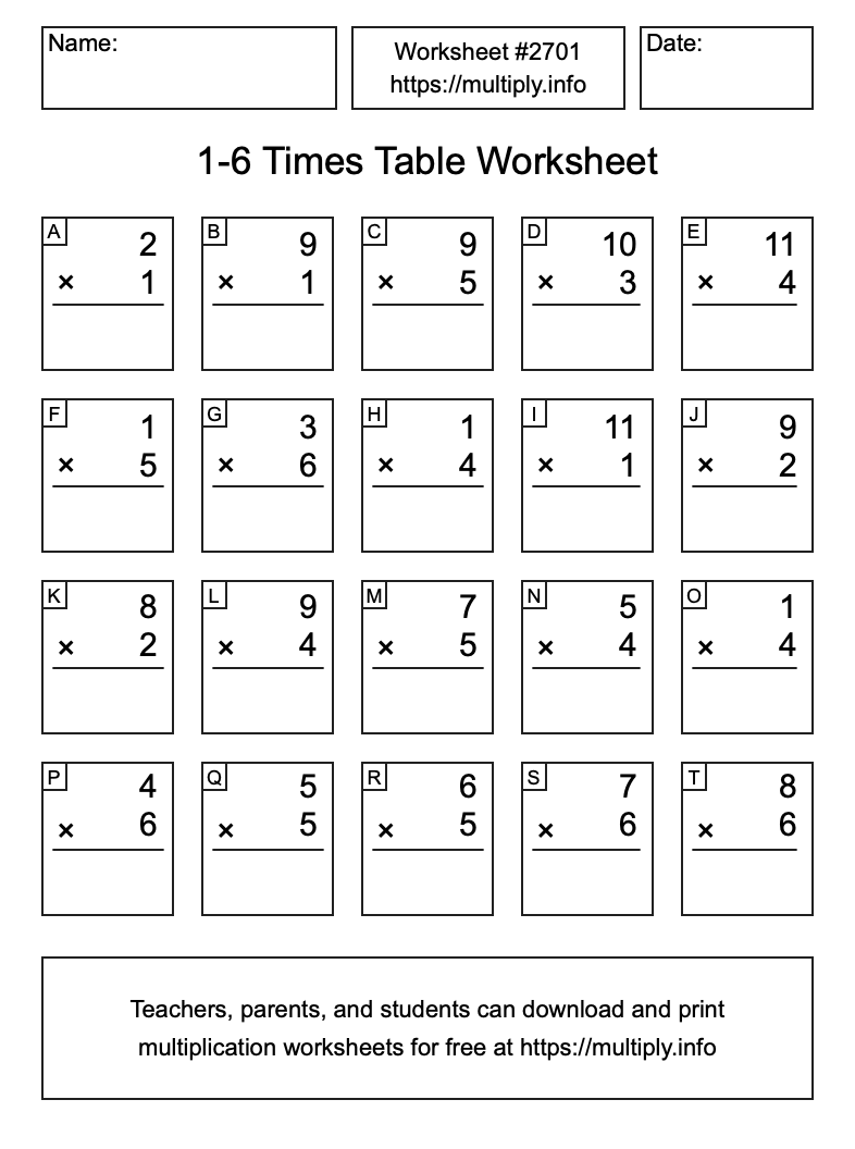 1 to 6 Times Table Worksheet #2701