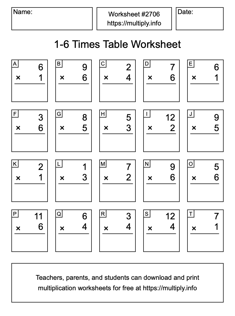 1 to 6 Times Table Worksheet #2706