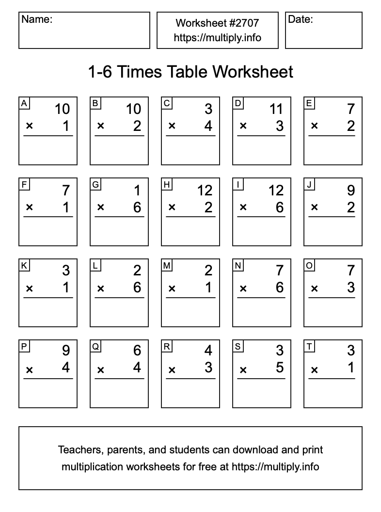 1 to 6 Times Table Worksheet #2707