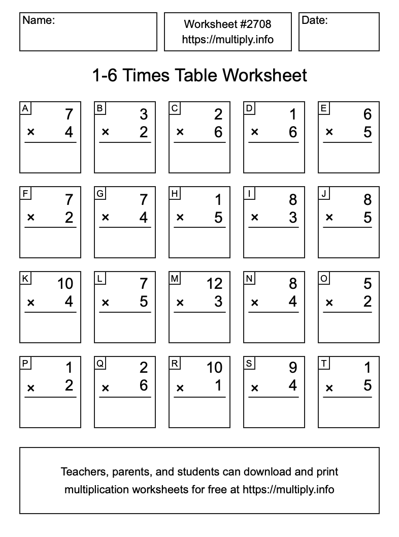 1 to 6 Times Table Worksheet #2708