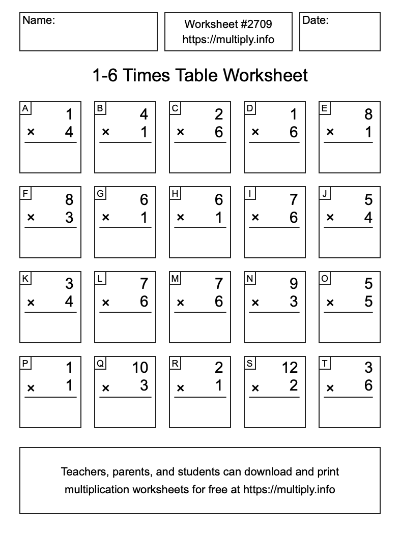 1 to 6 Times Table Worksheet #2709