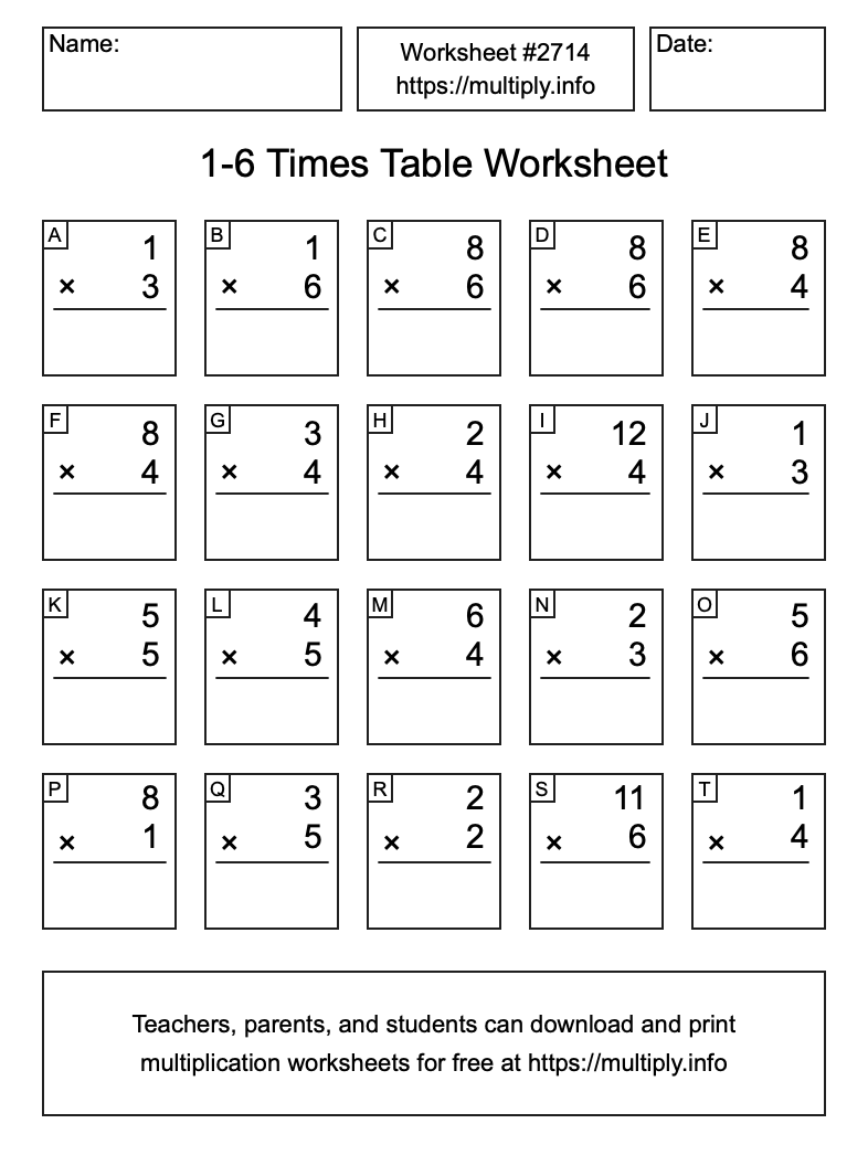 1 to 6 Times Table Worksheet #2714