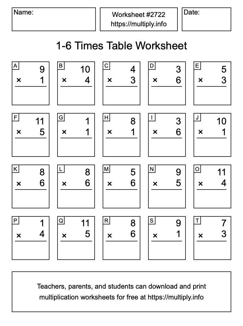 1 to 6 Times Table Worksheet #2722