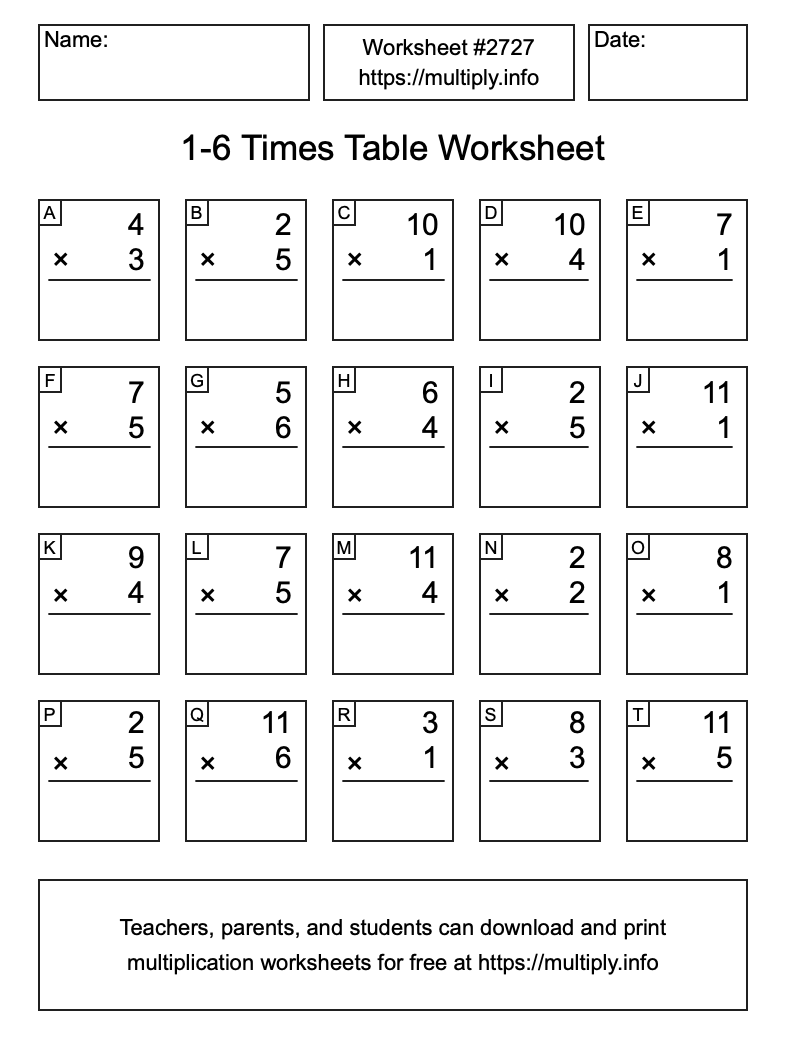 1 to 6 Times Table Worksheet #2727