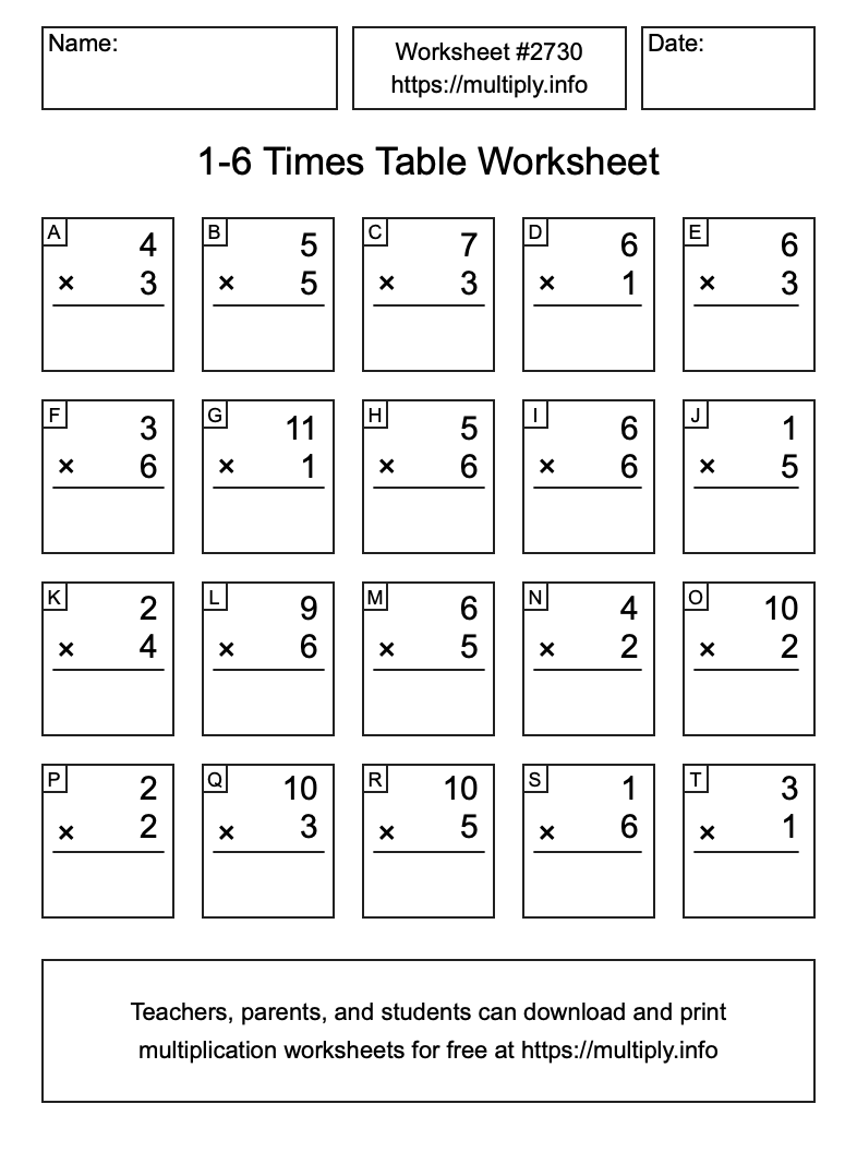 1 to 6 Times Table Worksheet #2730