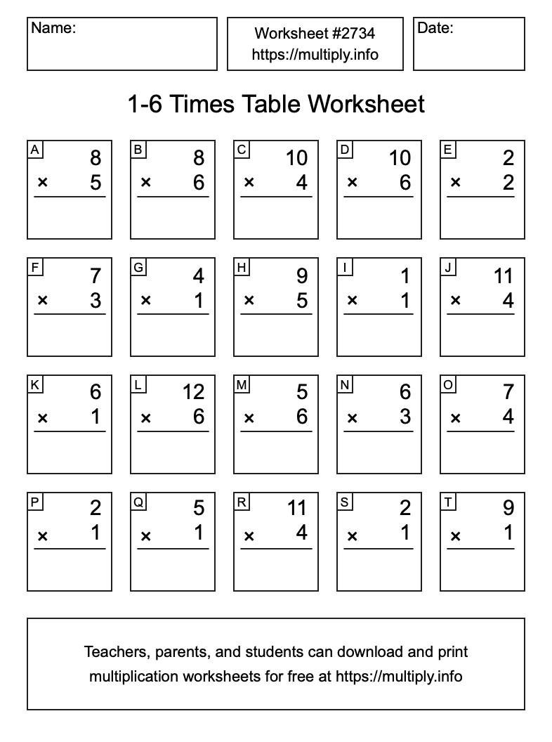 1 to 6 Times Table Worksheet #2734