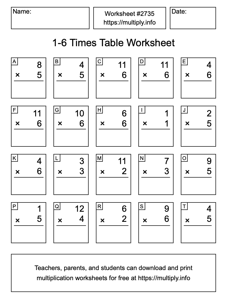 1 to 6 Times Table Worksheet #2735