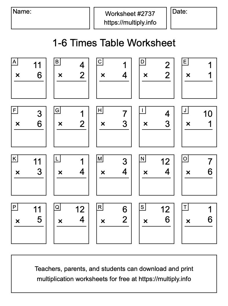 1 to 6 Times Table Worksheet #2737