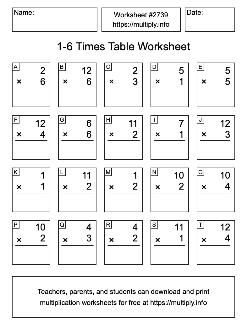 1 to 6 Times Table Worksheet #2739