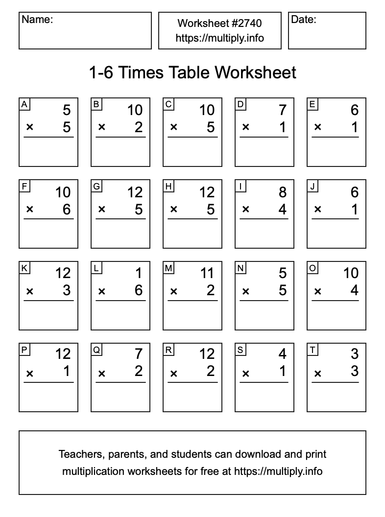 1 to 6 Times Table Worksheet #2740