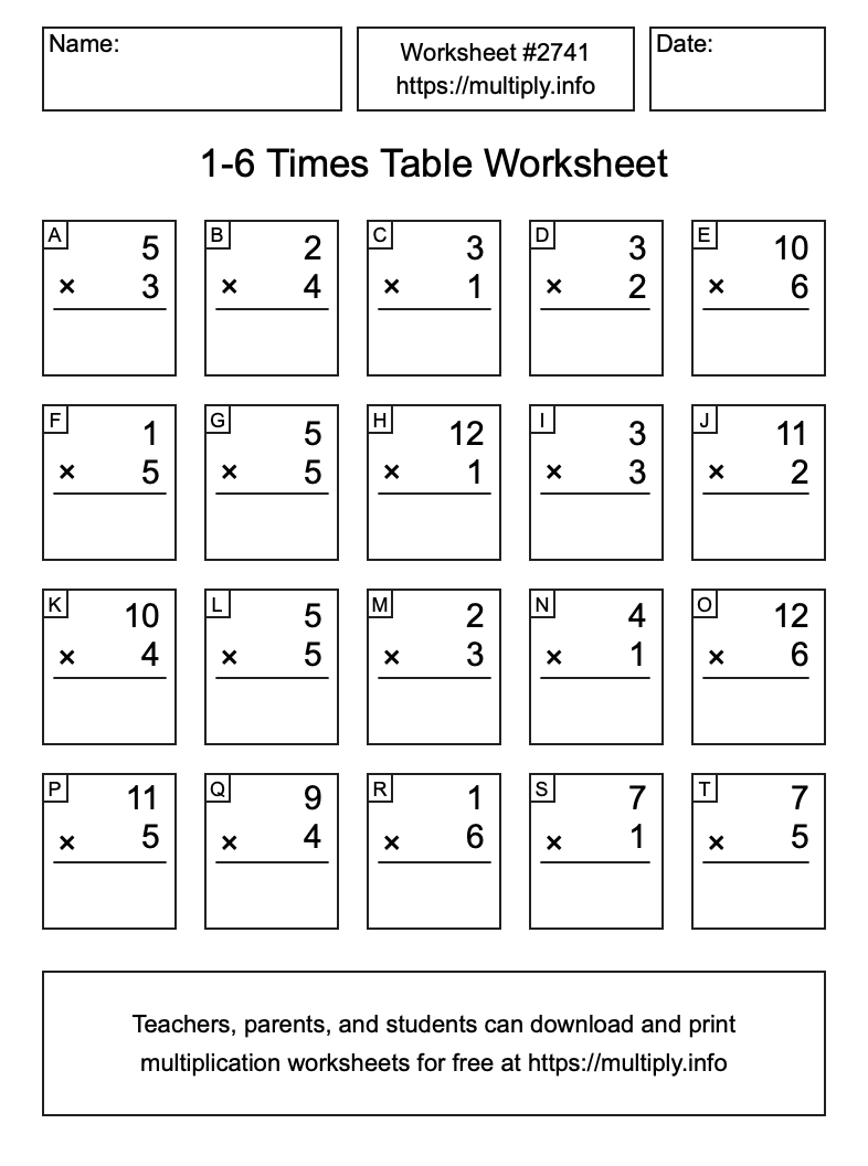 1 to 6 Times Table Worksheet #2741