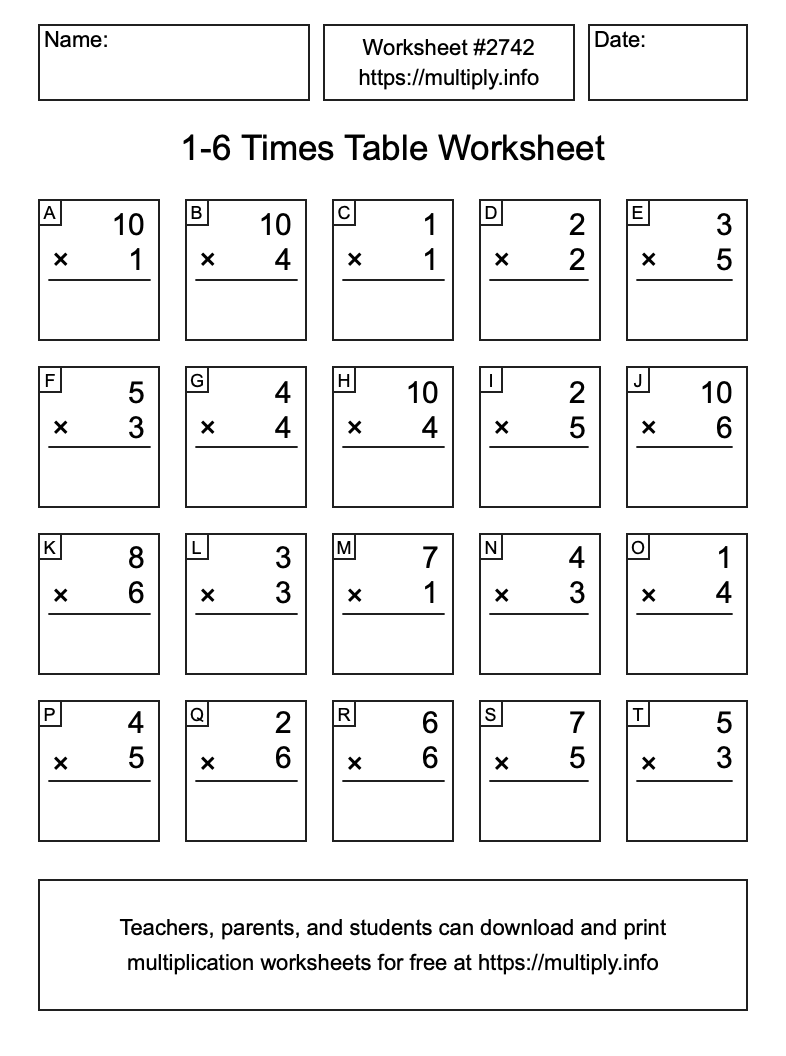 1 to 6 Times Table Worksheet #2742