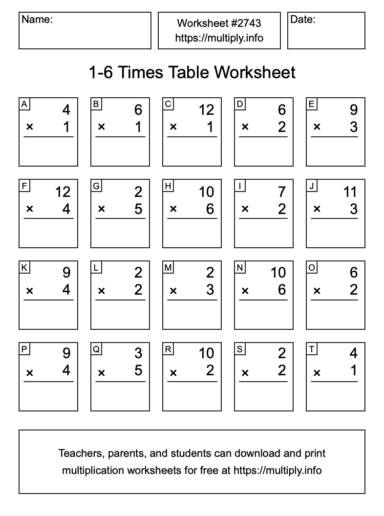 1 to 6 Times Table Worksheet #2743