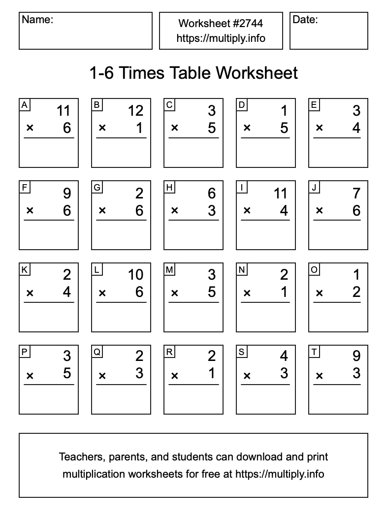 1 to 6 Times Table Worksheet #2744