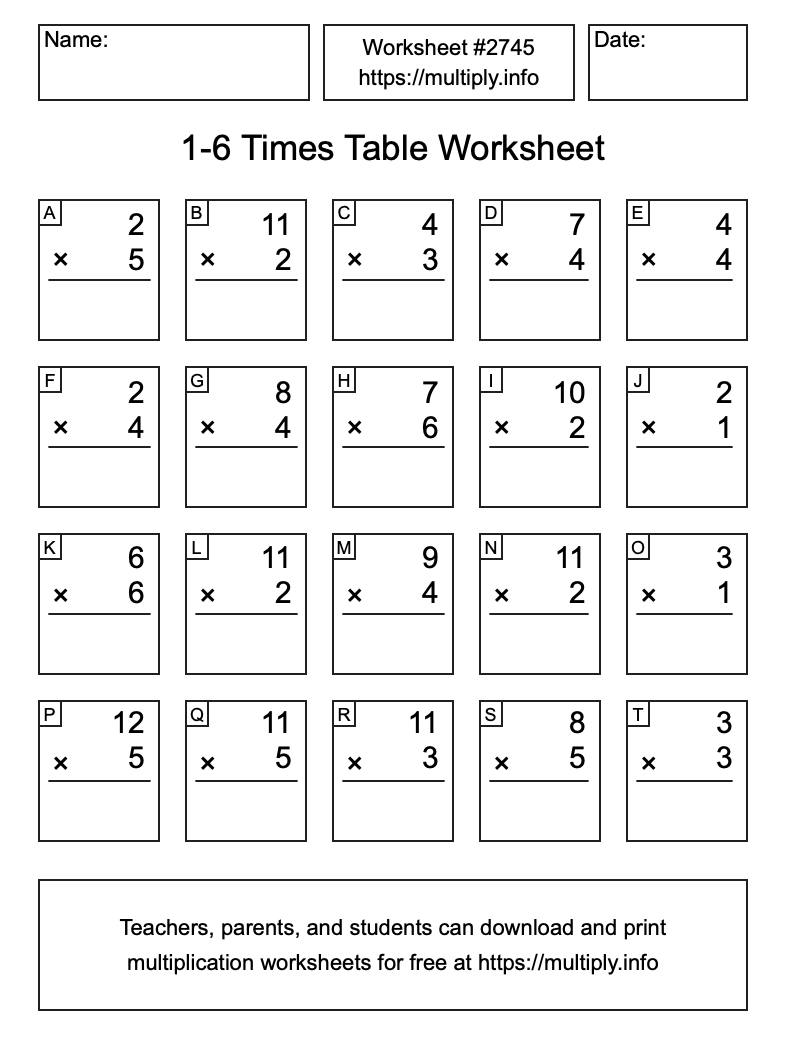 1 to 6 Times Table Worksheet #2745