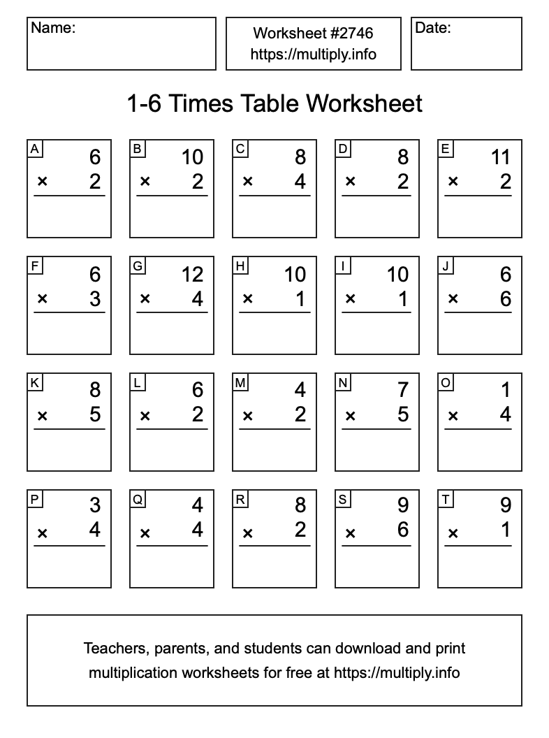 1 to 6 Times Table Worksheet #2746