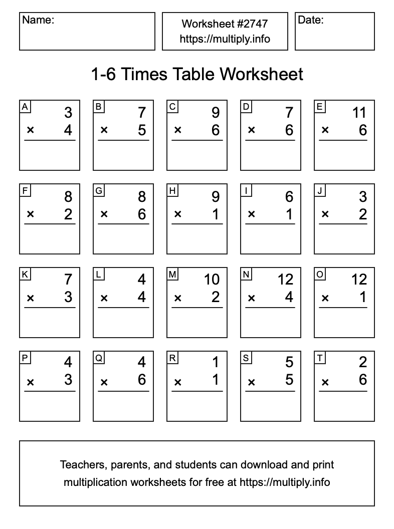 1 to 6 Times Table Worksheet #2747