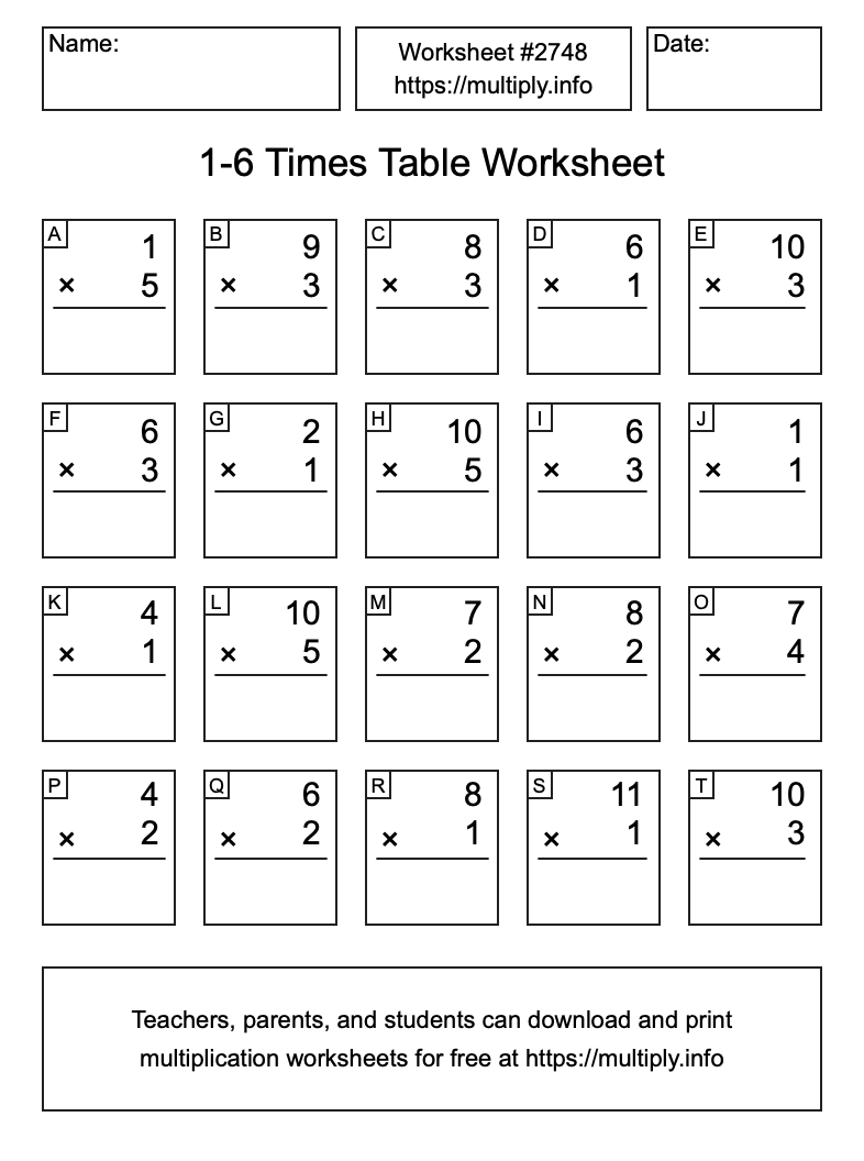 1 to 6 Times Table Worksheet #2748