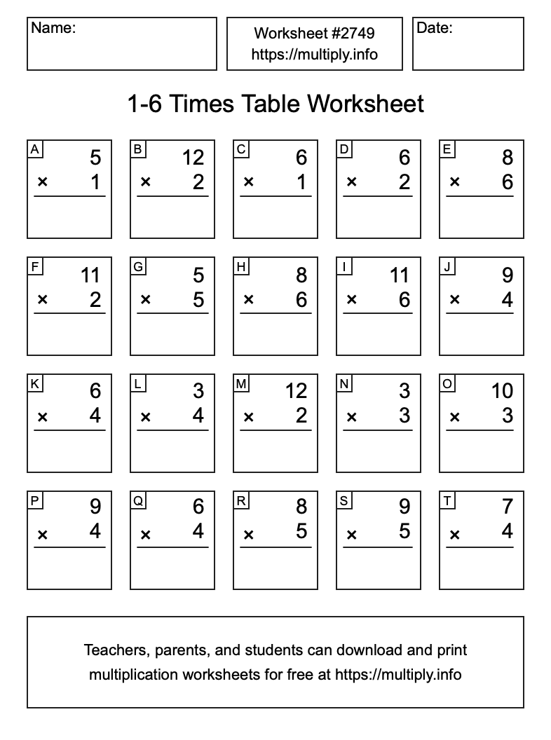1 to 6 Times Table Worksheet #2749