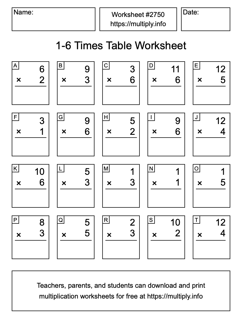 1 to 6 Times Table Worksheet #2750