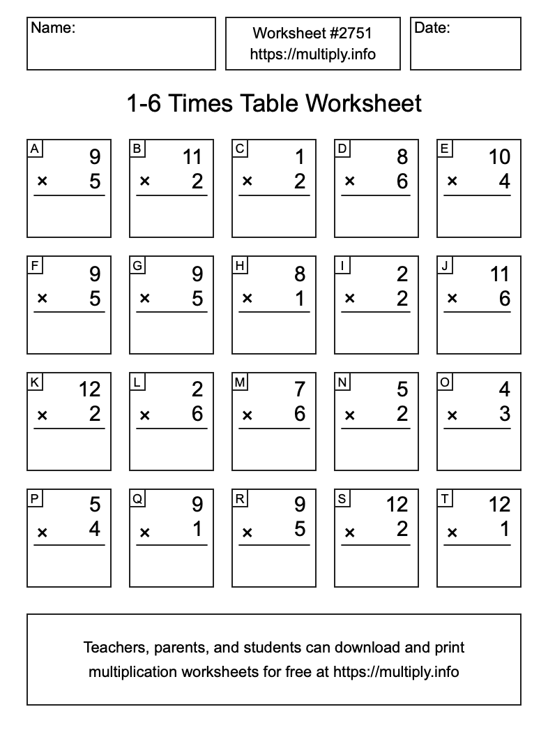 1 to 6 Times Table Worksheet #2751