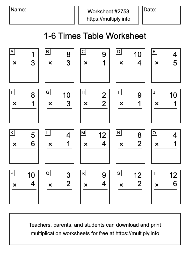 1 to 6 Times Table Worksheet #2753