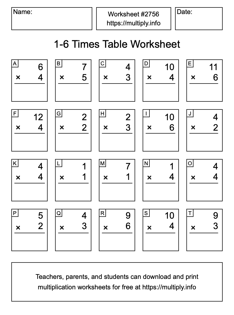 1 to 6 Times Table Worksheet #2756