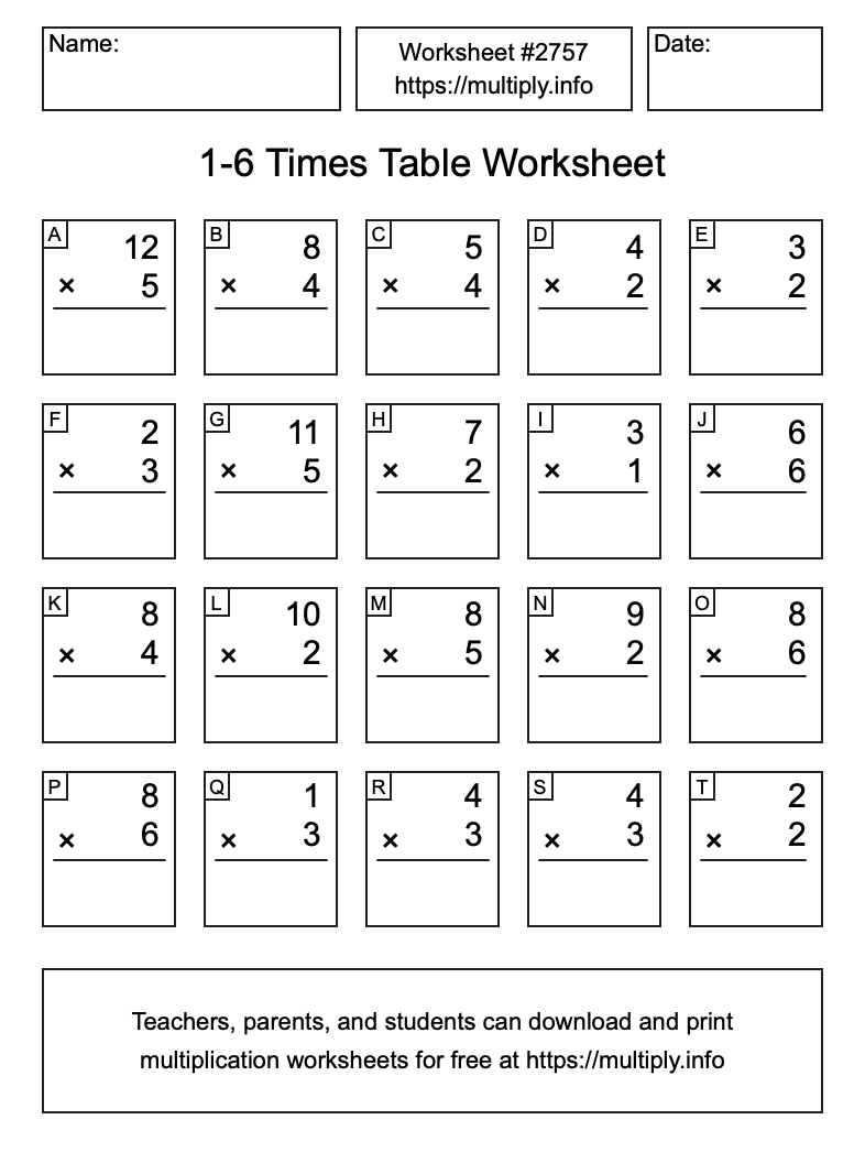 1 to 6 Times Table Worksheet #2757