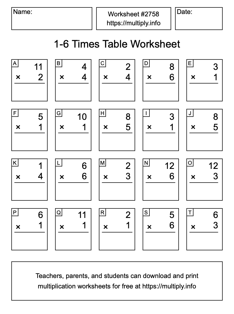 1 to 6 Times Table Worksheet #2758