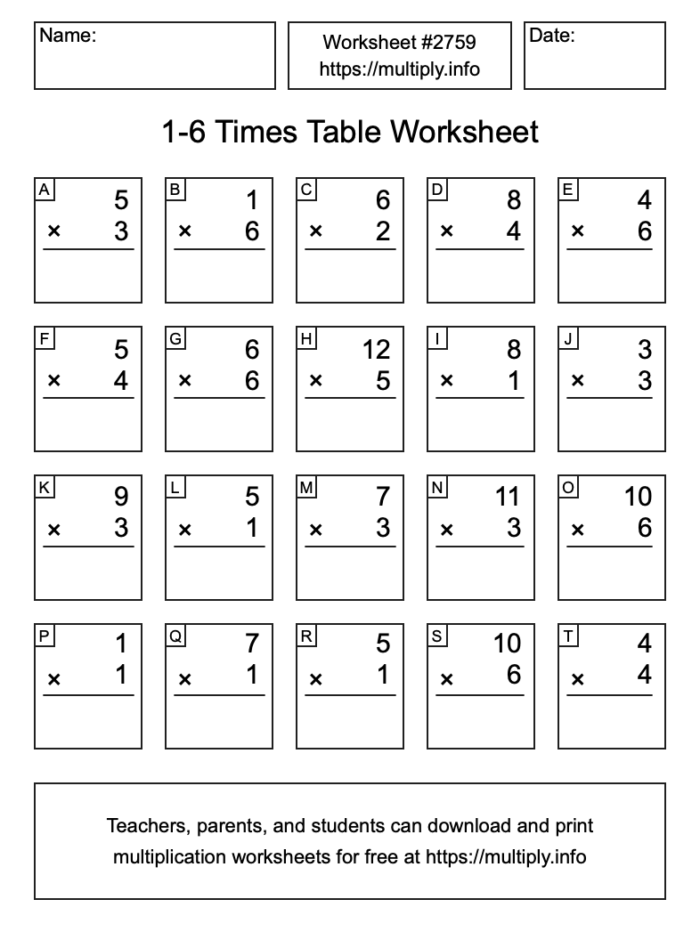 1 to 6 Times Table Worksheet #2759