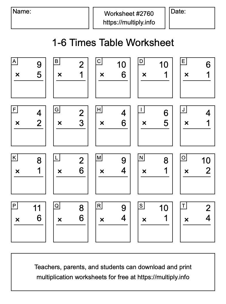 1 to 6 Times Table Worksheet #2760