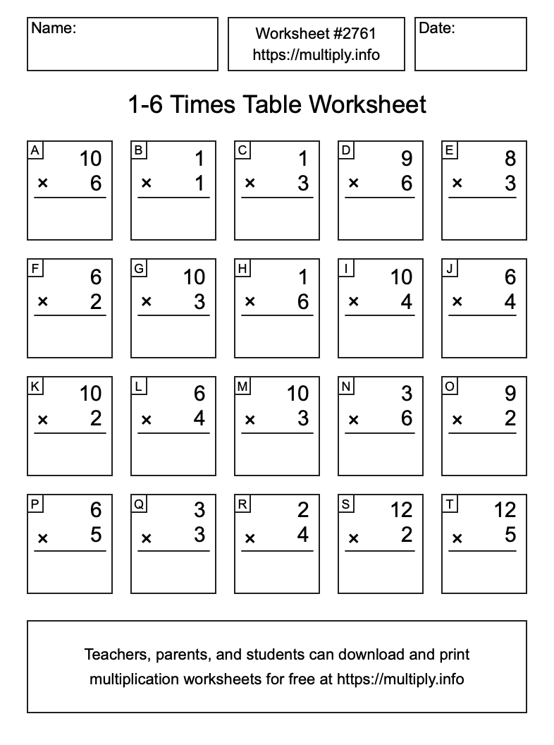 1 to 6 Times Table Worksheet #2761