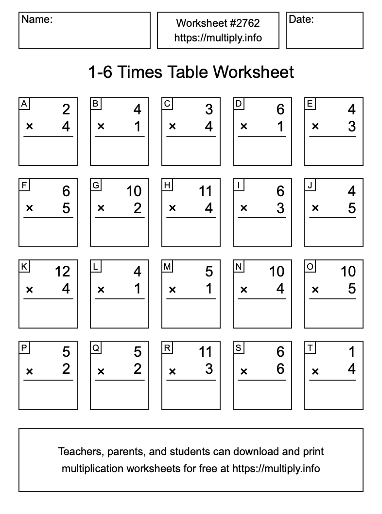 1 to 6 Times Table Worksheet #2762