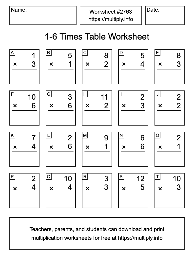 1 to 6 Times Table Worksheet #2763