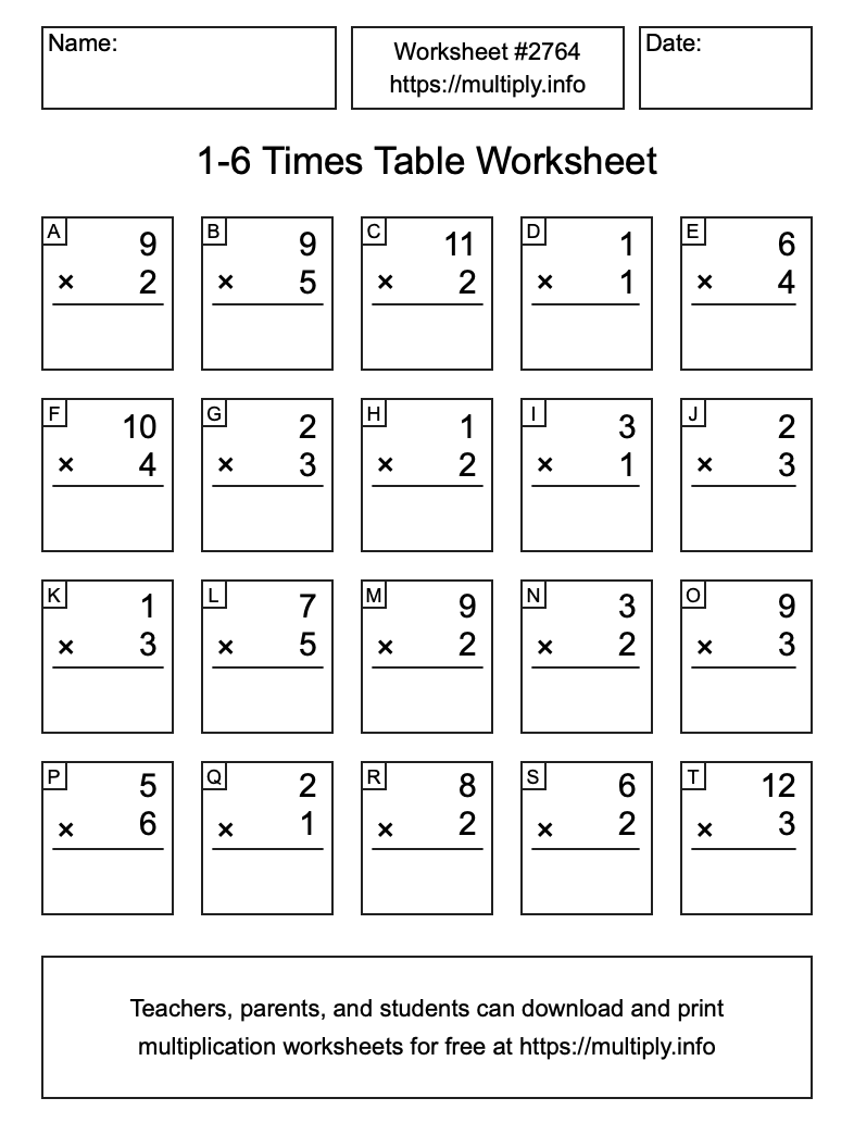 1 to 6 Times Table Worksheet #2764